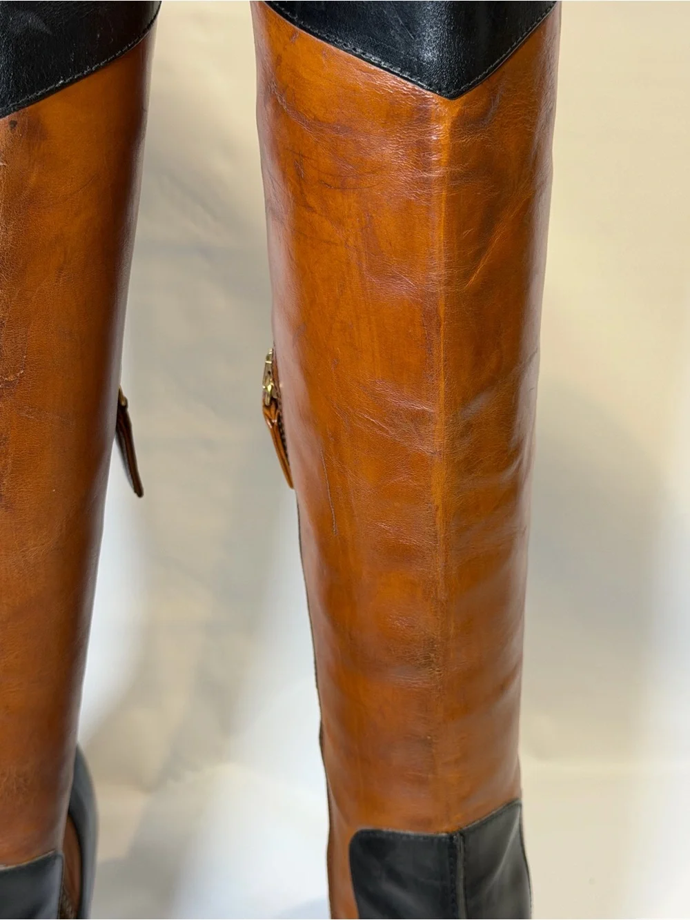 Vintage Dolce & Gabbana Black & Tan Leather Pointed Toe Knee High Boots IT 36 6